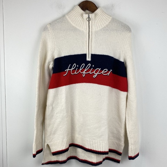 Tommy Hilfiger Sweaters - Tommy Hilfiger Flag Quarter Zip Sweater Small White Red Navy Logo Knit Pullover